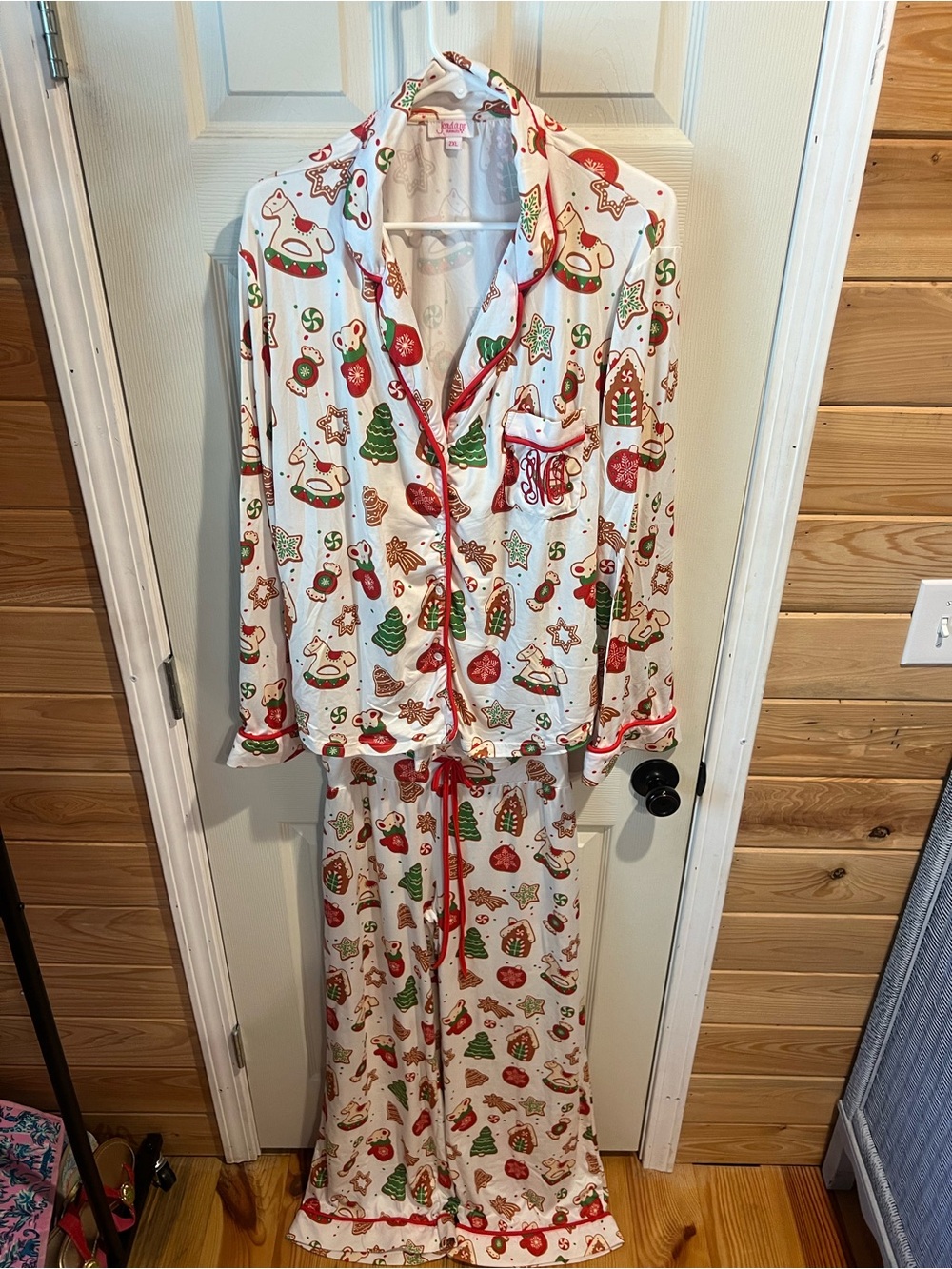 Women's White Holiday Print Pajama Set with Red & Green Accents